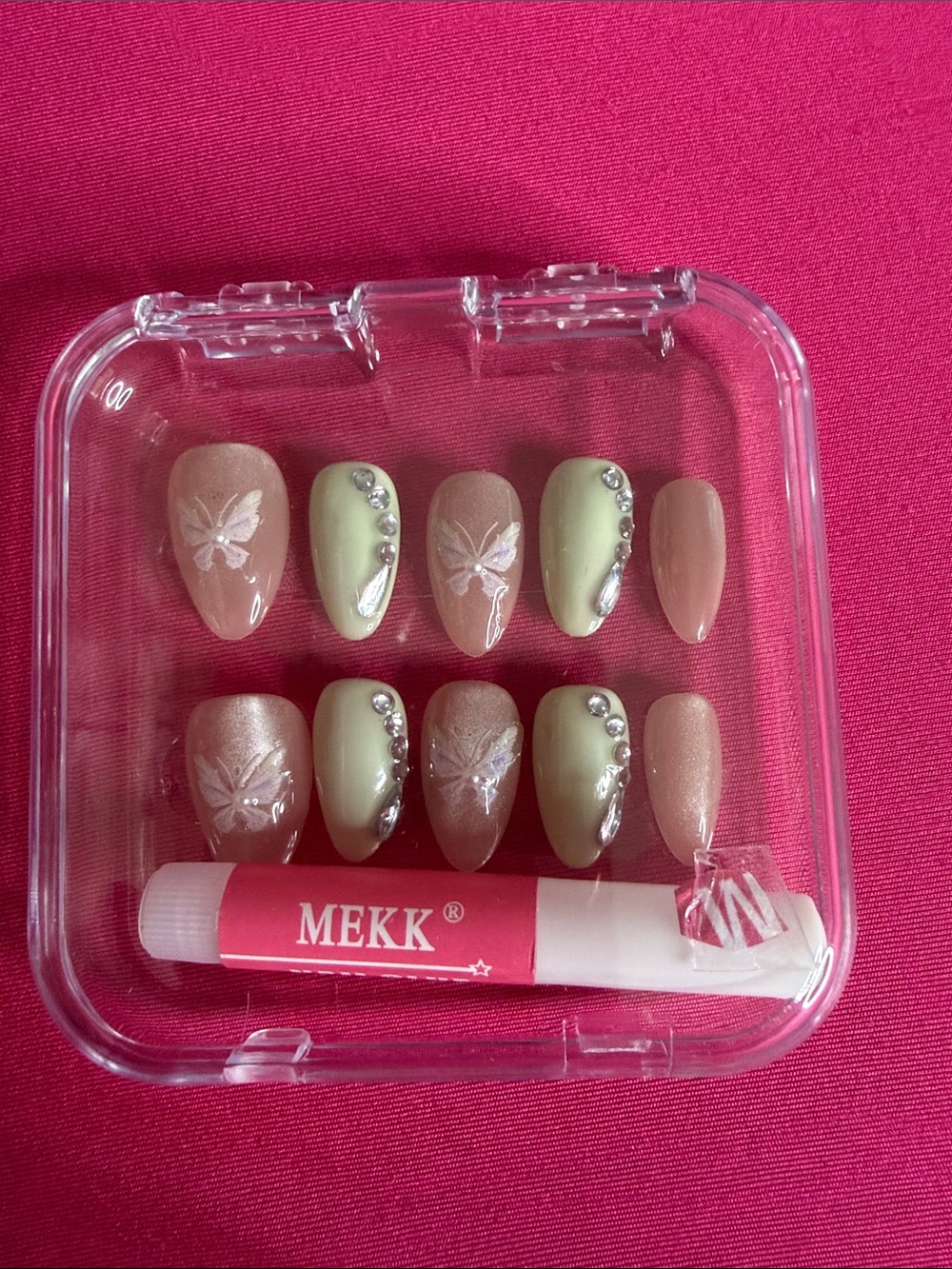 MEK Green & Nude Press-On Nails with Butterfly Art and Rhinestones